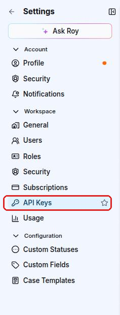 API Keys entry in the Settings menu