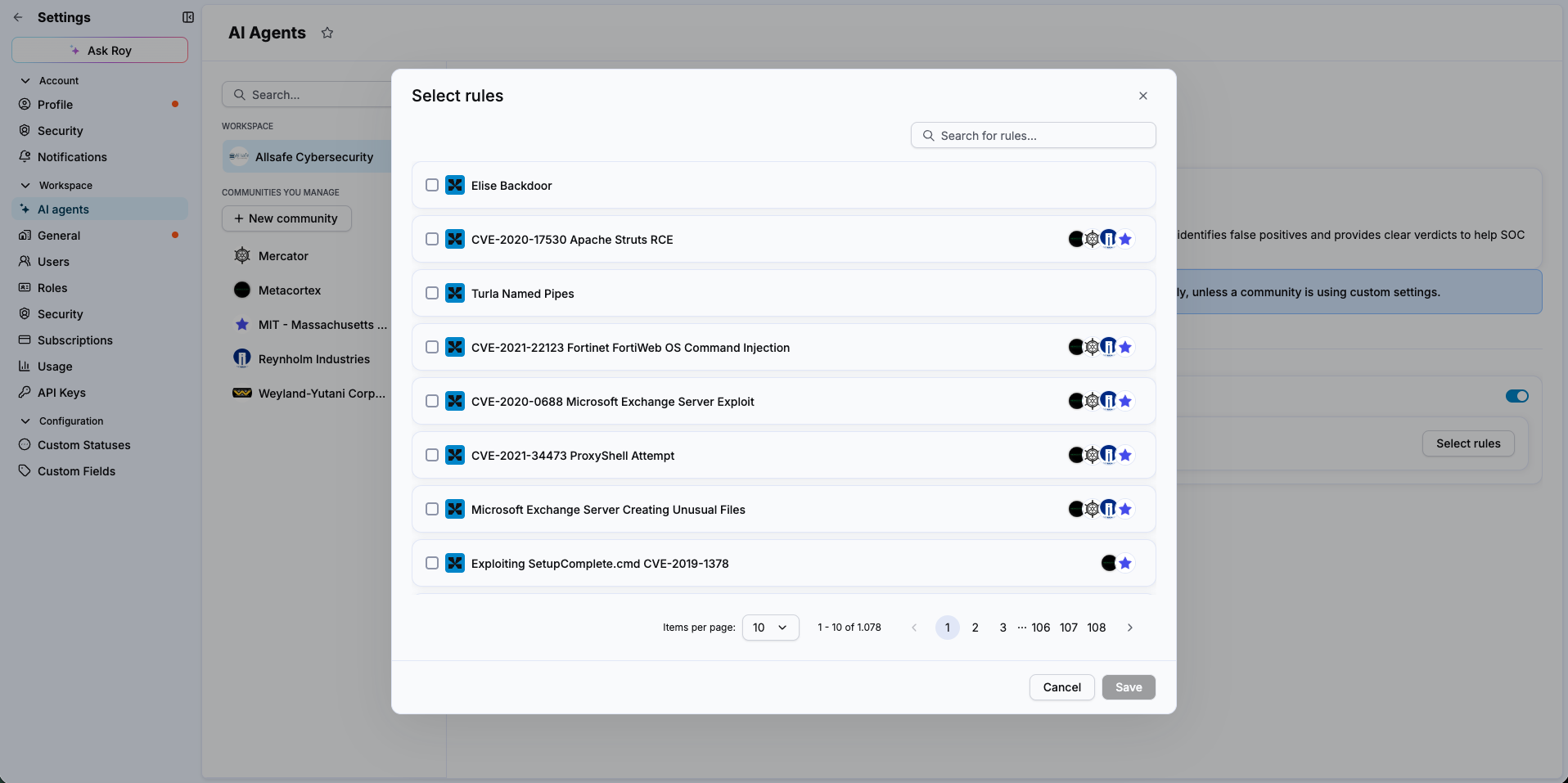 Rule filter configuration panel showing a list of detection rules that can be selected for Elevate auto-analysis