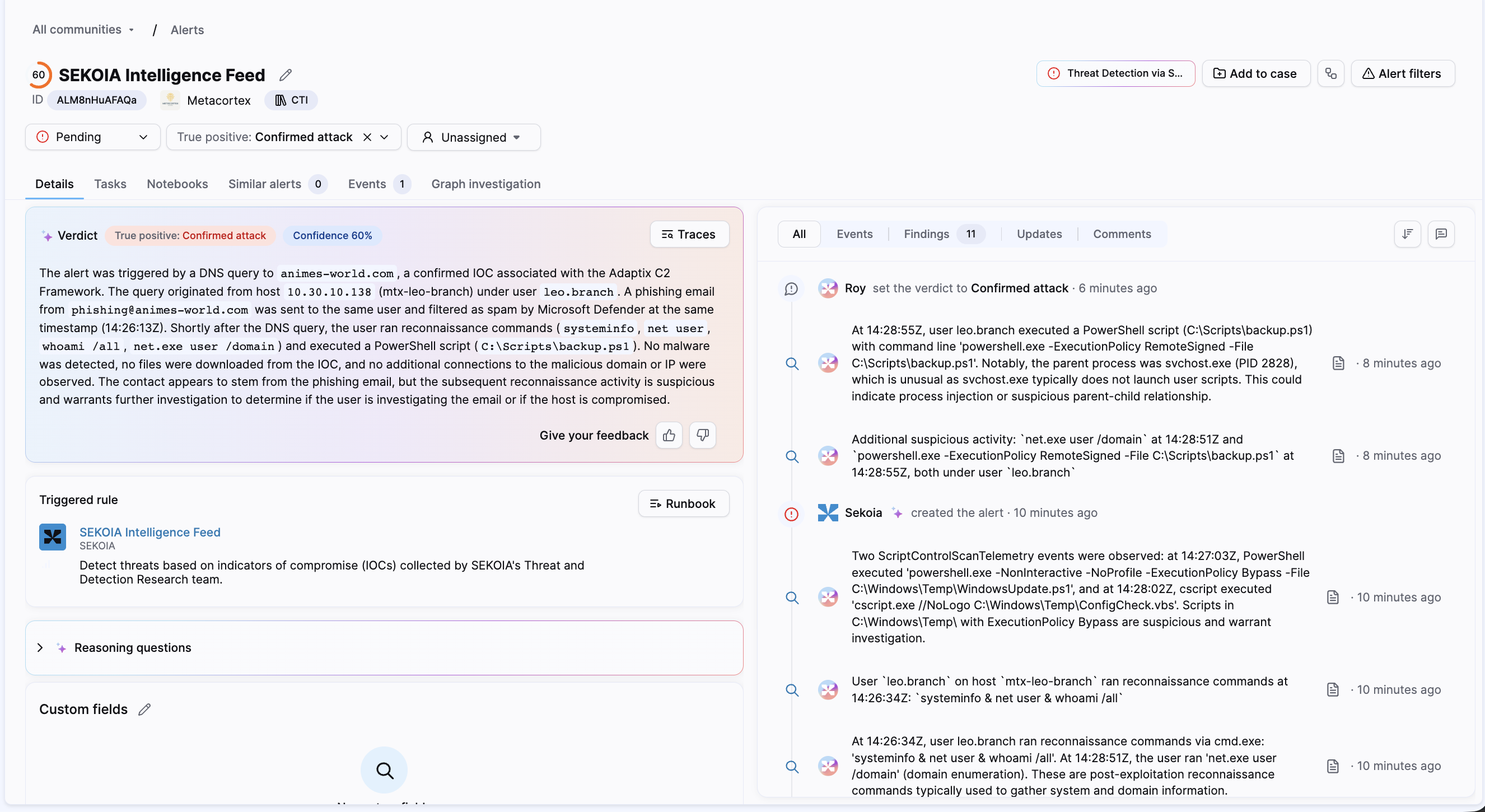Alert detail page with urgency score, asset information, and event timeline