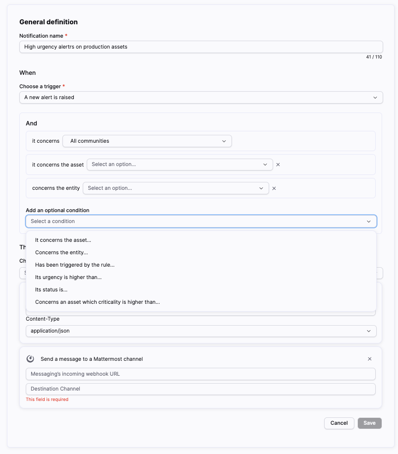 Notification creation form with trigger, conditions, and email delivery options configured