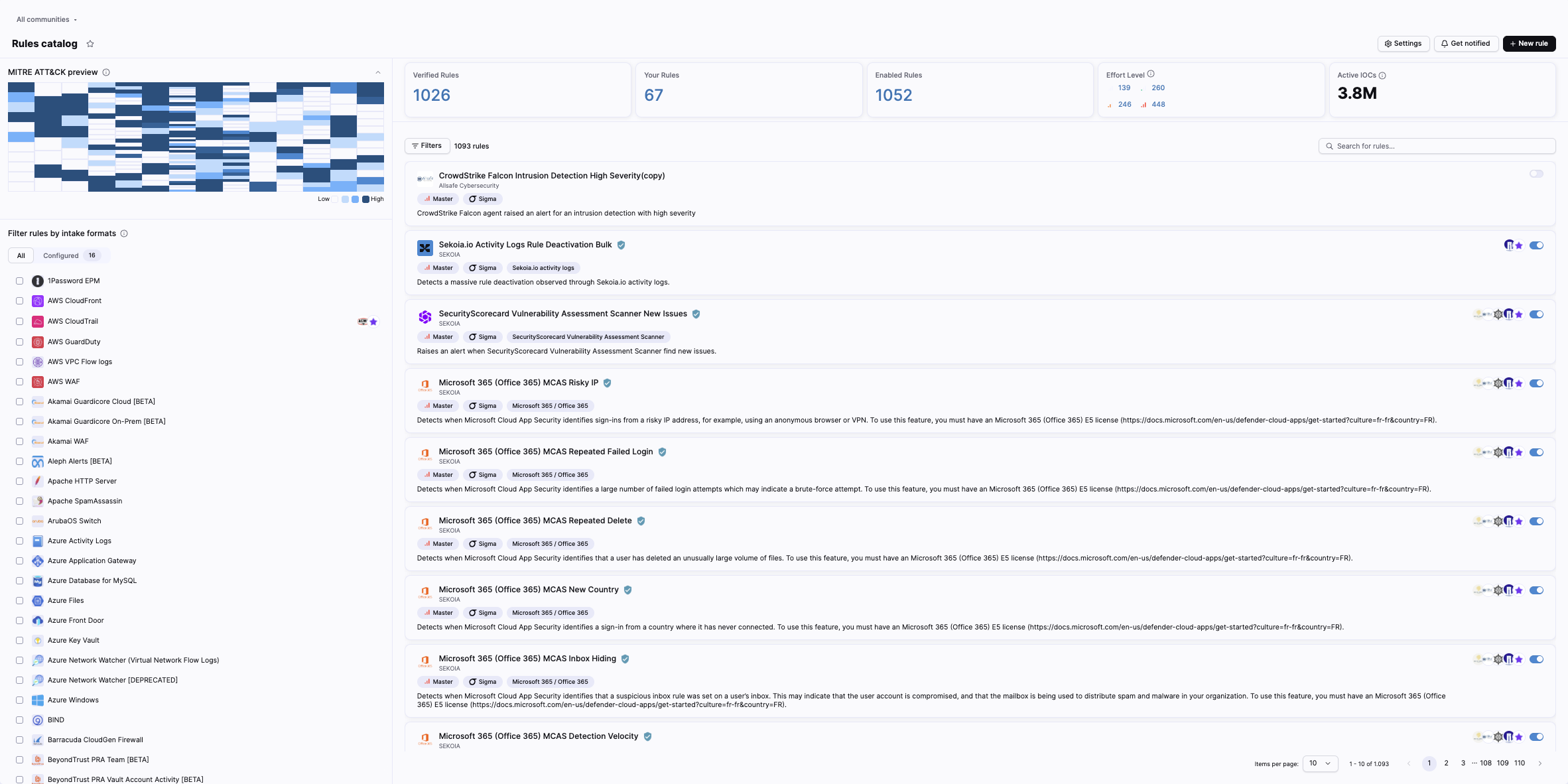 Rules catalog showing detection rules with effort levels and MITRE ATT&CK coverage matrix