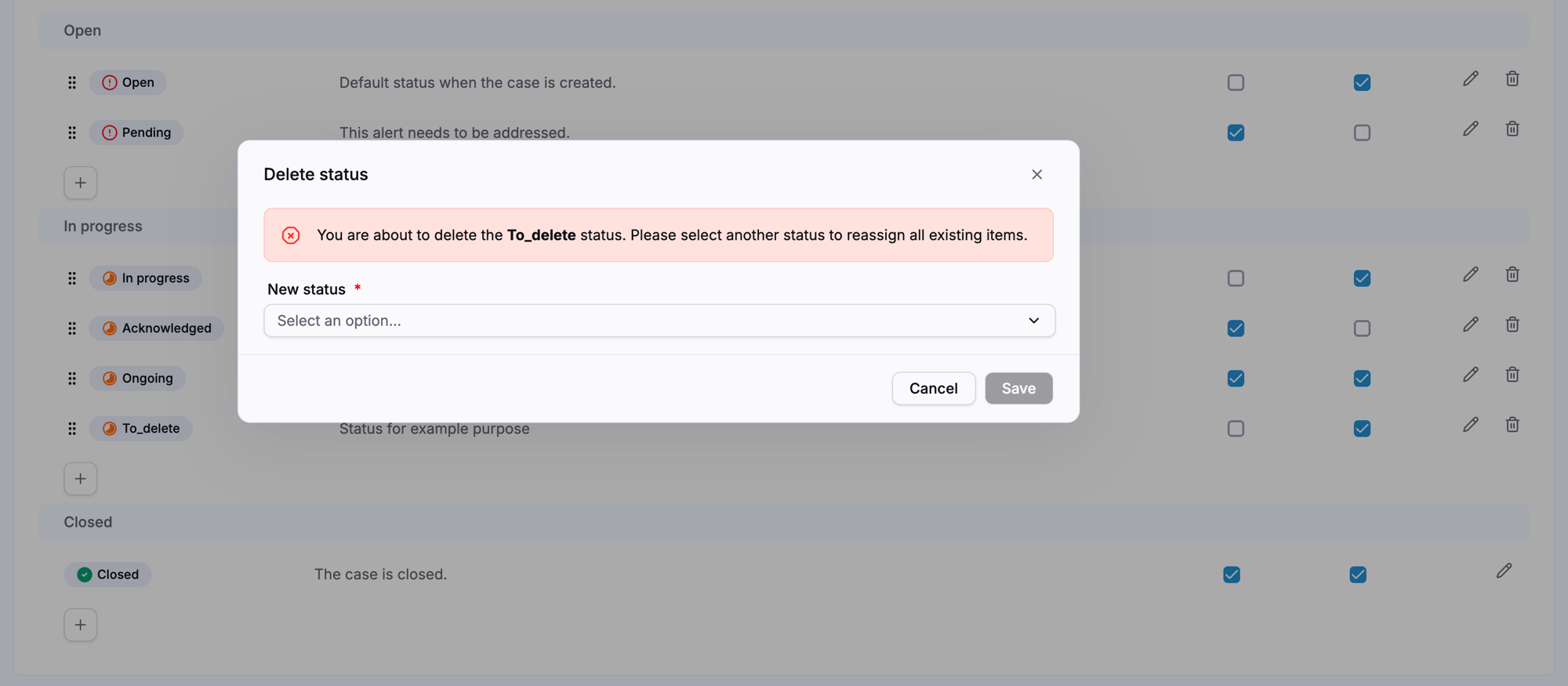 Delete status window