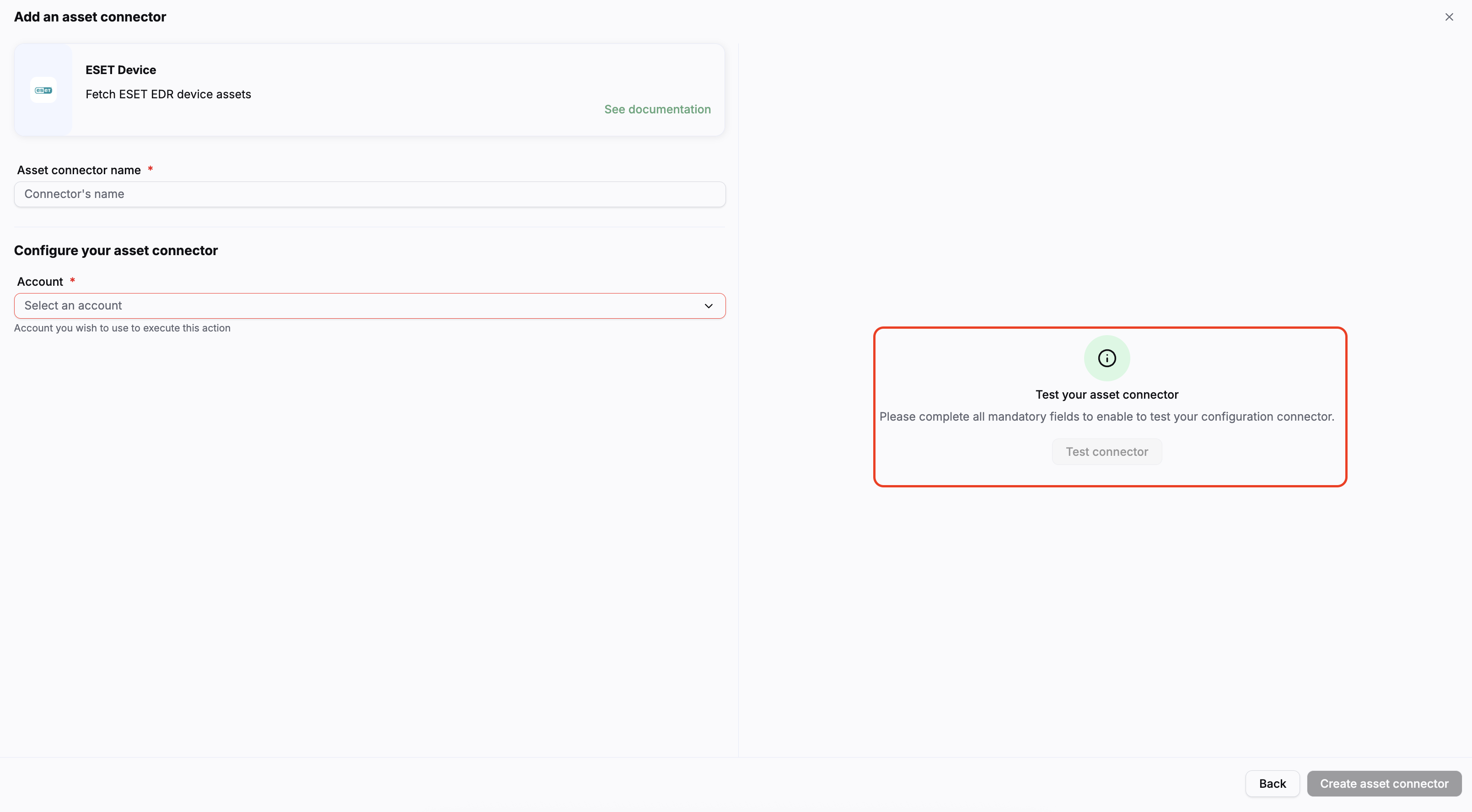 Connector test result and Create asset connector button highlighted