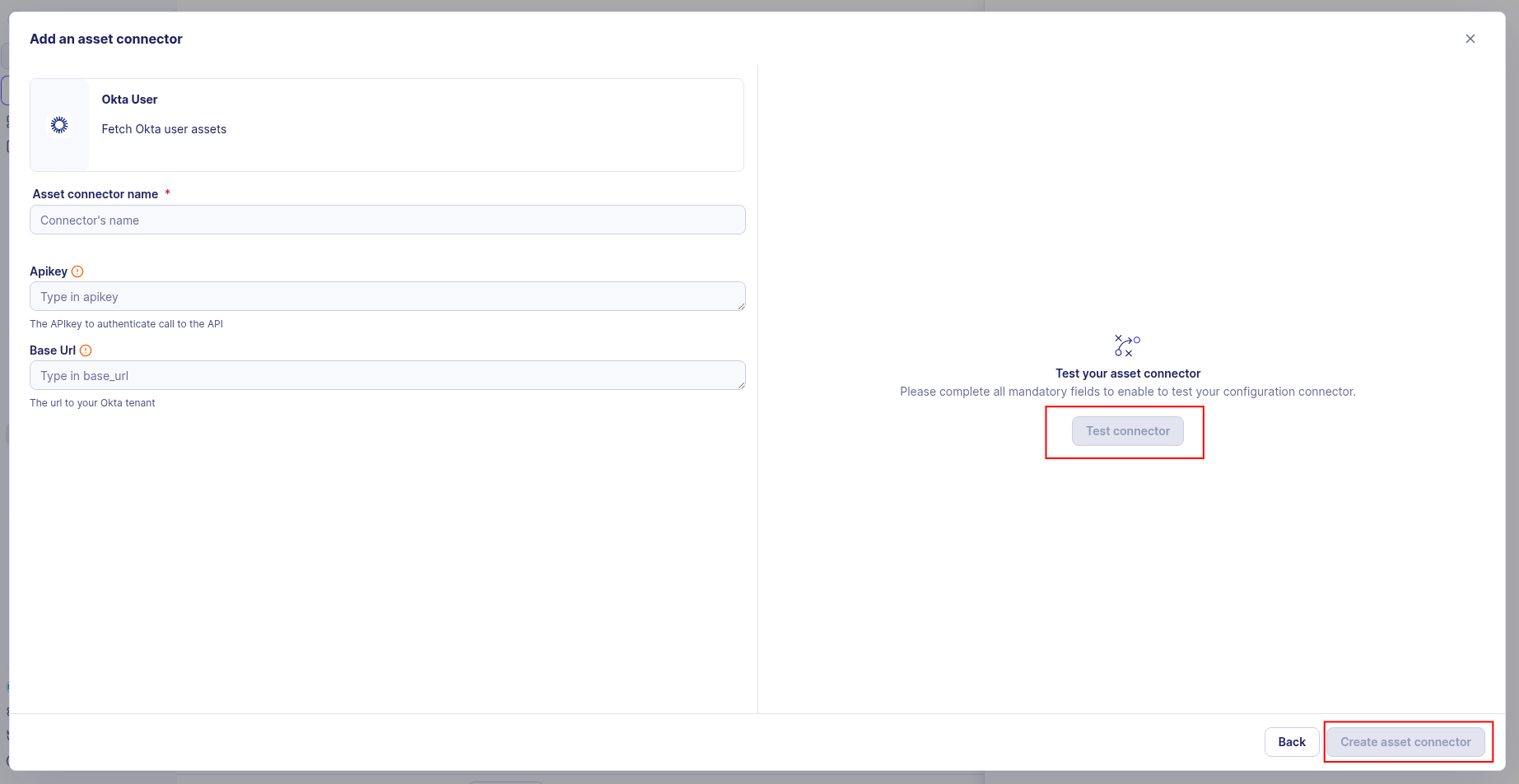 Connector test result and Create asset connector button highlighted