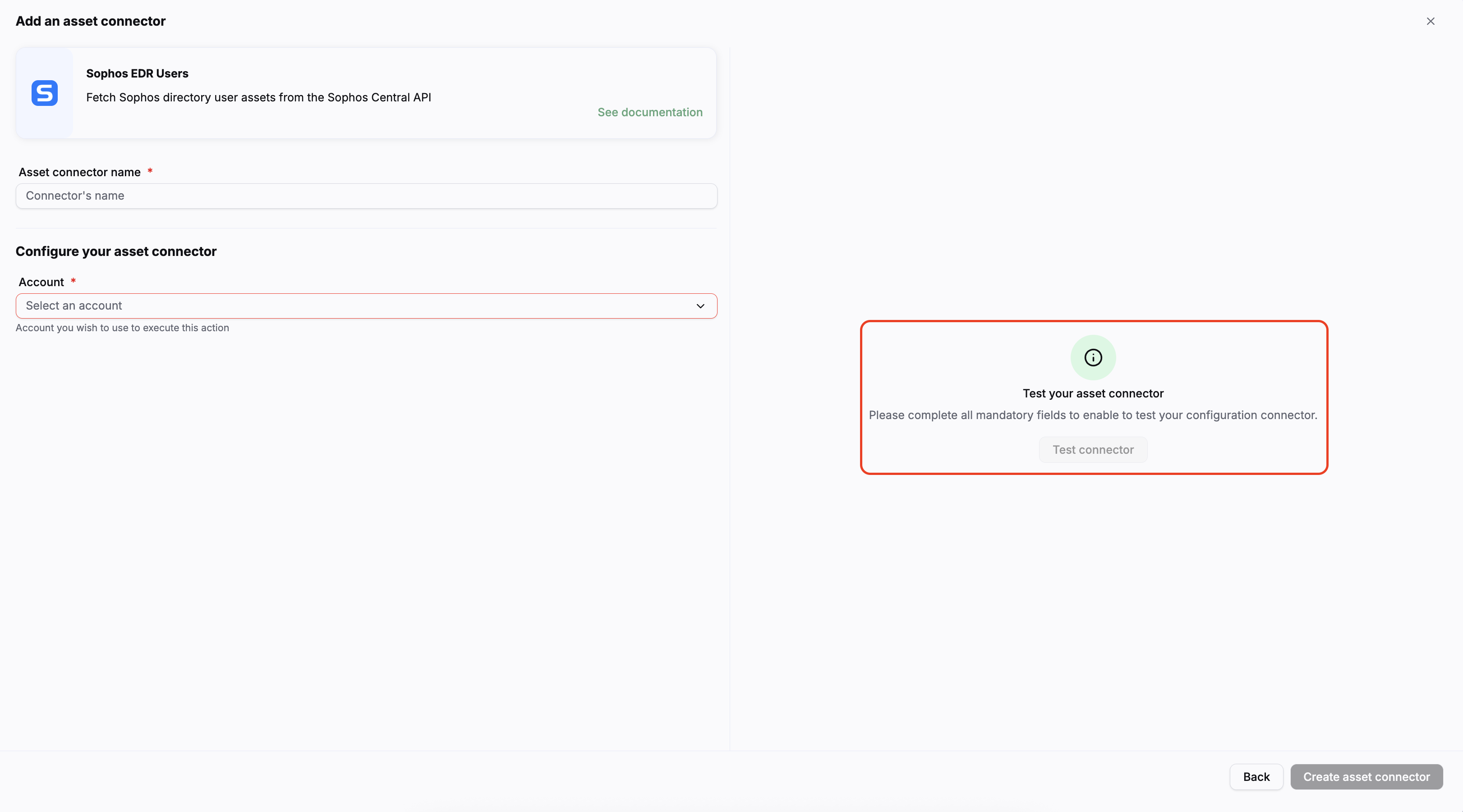 Connector test result and Create asset connector button highlighted