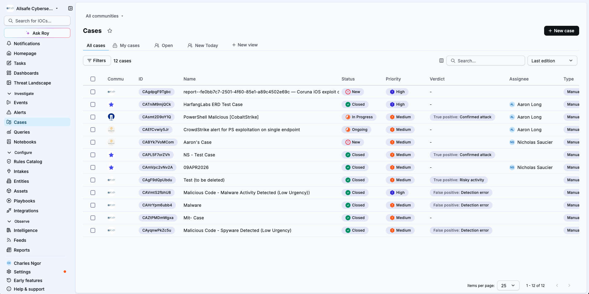 Cases listing page with the views bar showing All cases, the private view My cases, the shared views Open and New Today, and the New view button
