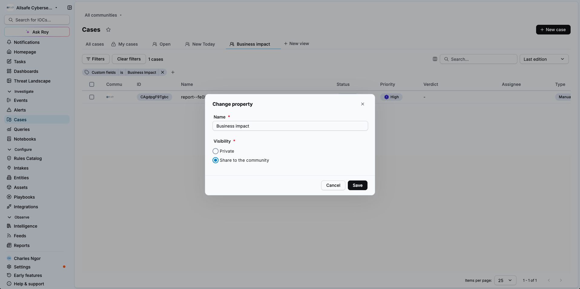 Change property window with the Name field set to Business impact and Share to the community selected
