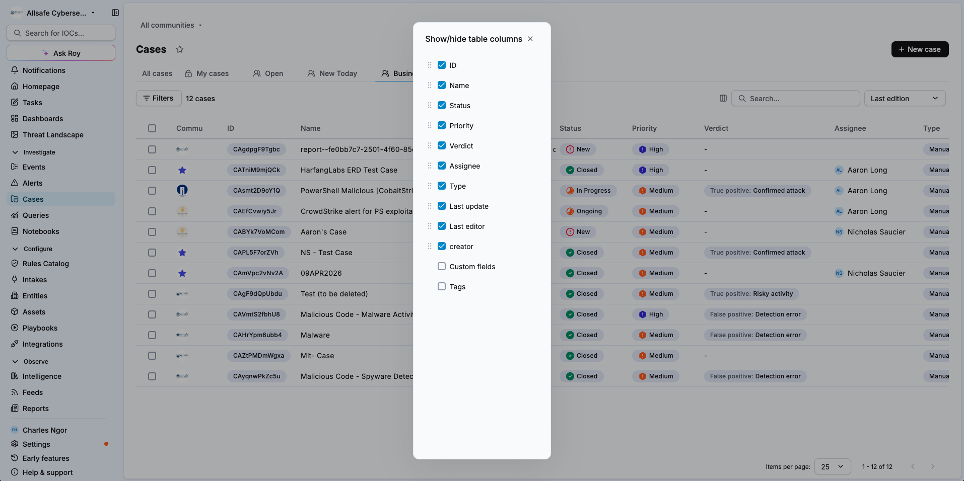 Show/hide table columns window with a checkbox and a drag handle for each column