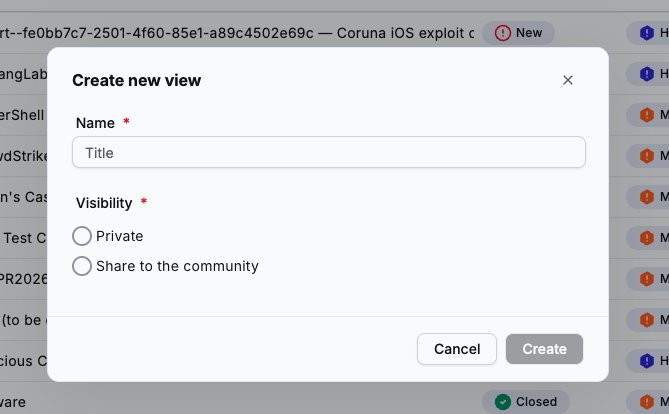 Create new view window with the Name field and the Private and Share to the community visibility options