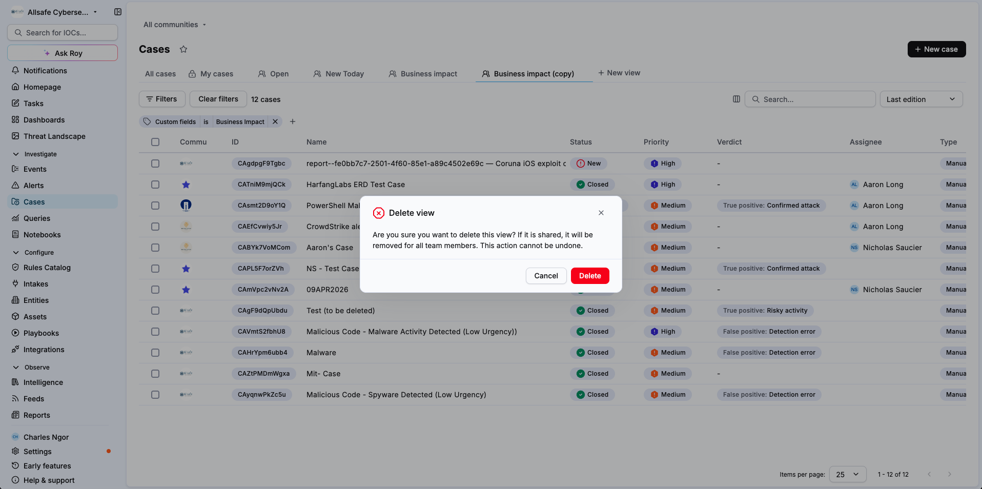 Delete view confirmation window with the Cancel and Delete buttons