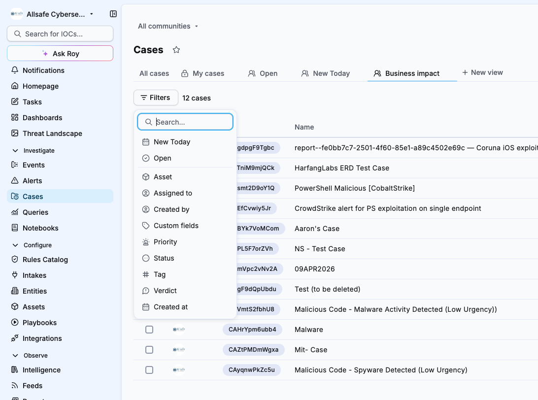 Filters menu open on the Business impact view, listing New Today, Open, Asset, Assigned to, Created by, Custom fields, Priority, Status, Tag, Verdict and Created at