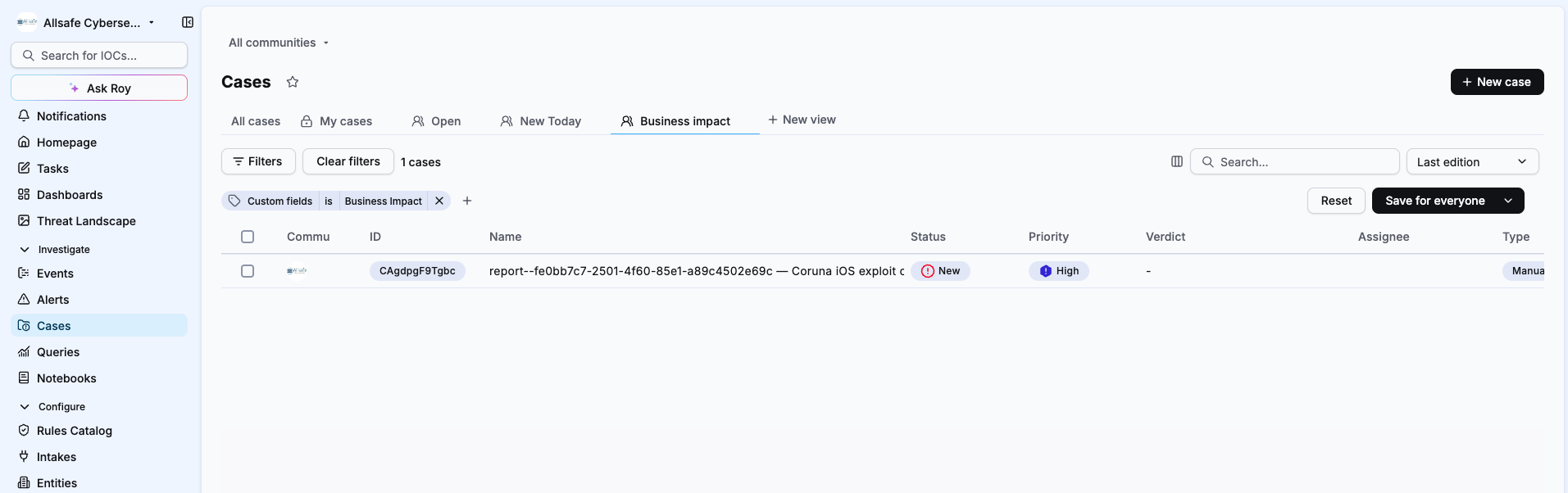 Business impact view with a Custom fields filter chip, the Reset button and the Save for everyone button