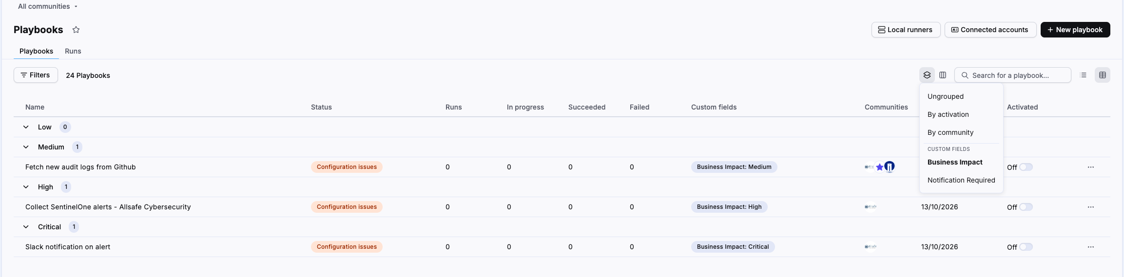 Playbooks table grouped by a single select custom field, with the Group by menu open