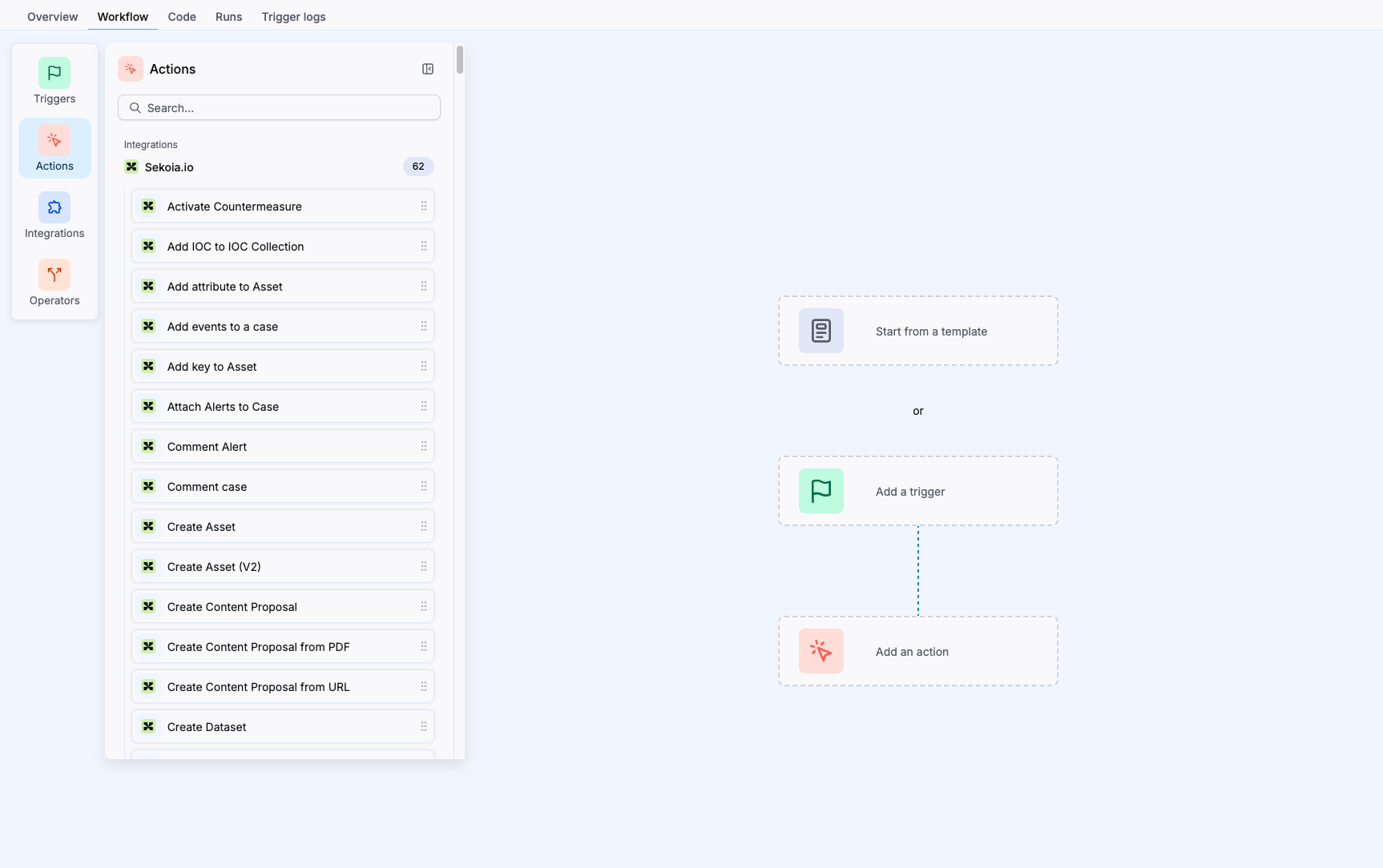 Module menu with the Actions panel open on an empty playbook