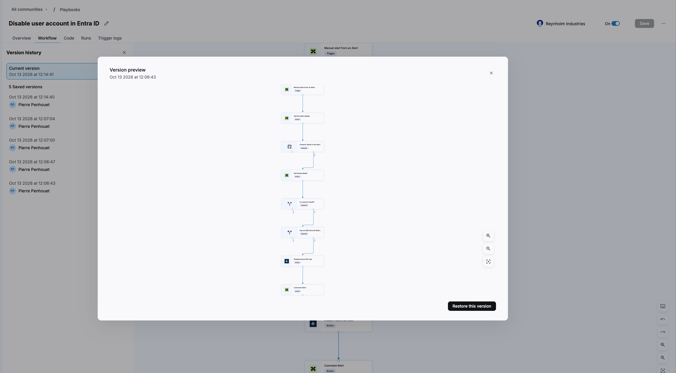 Version history panel and Version preview window of a playbook