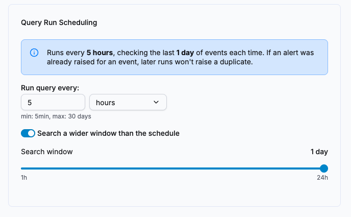 Query Run Scheduling section with the search window set to 1 day