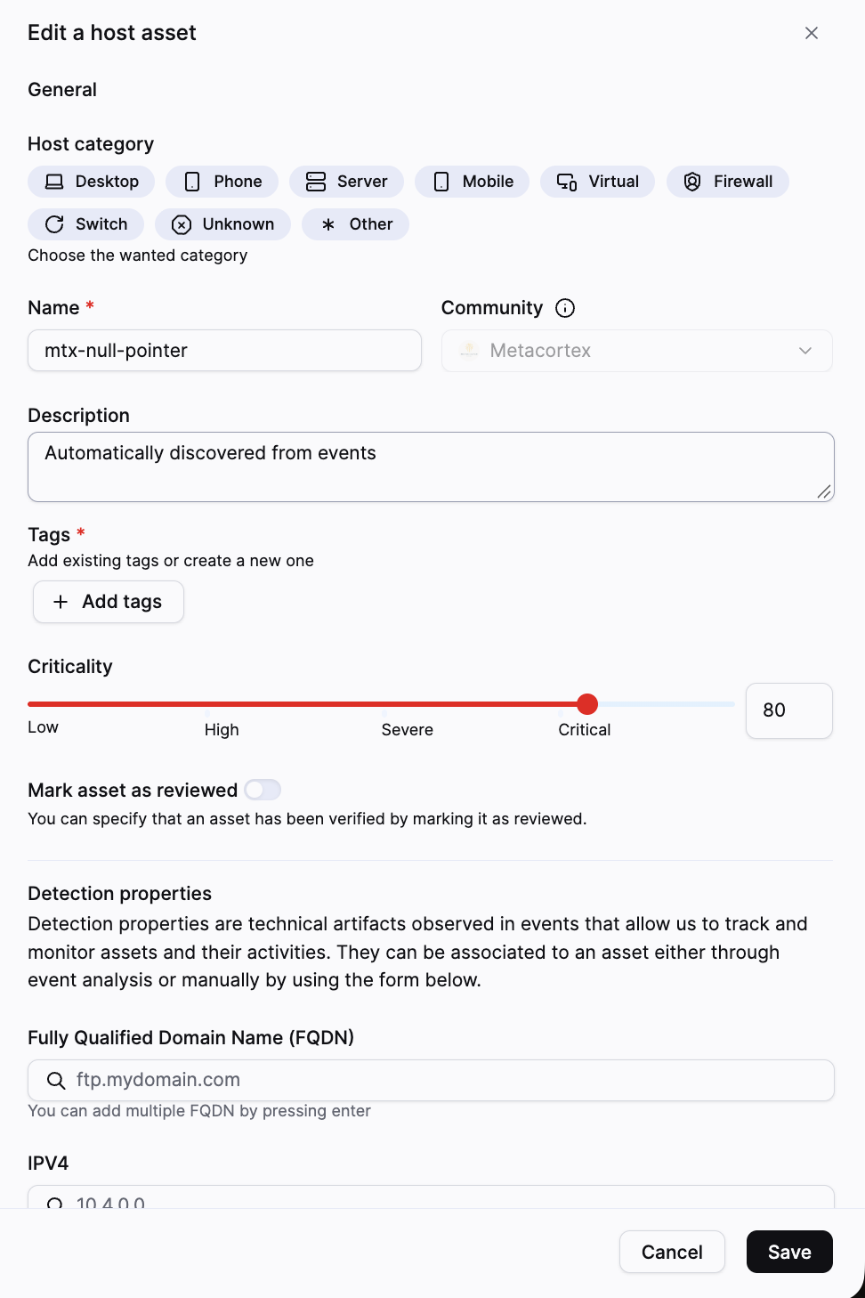 Host asset edit panel with the criticality control