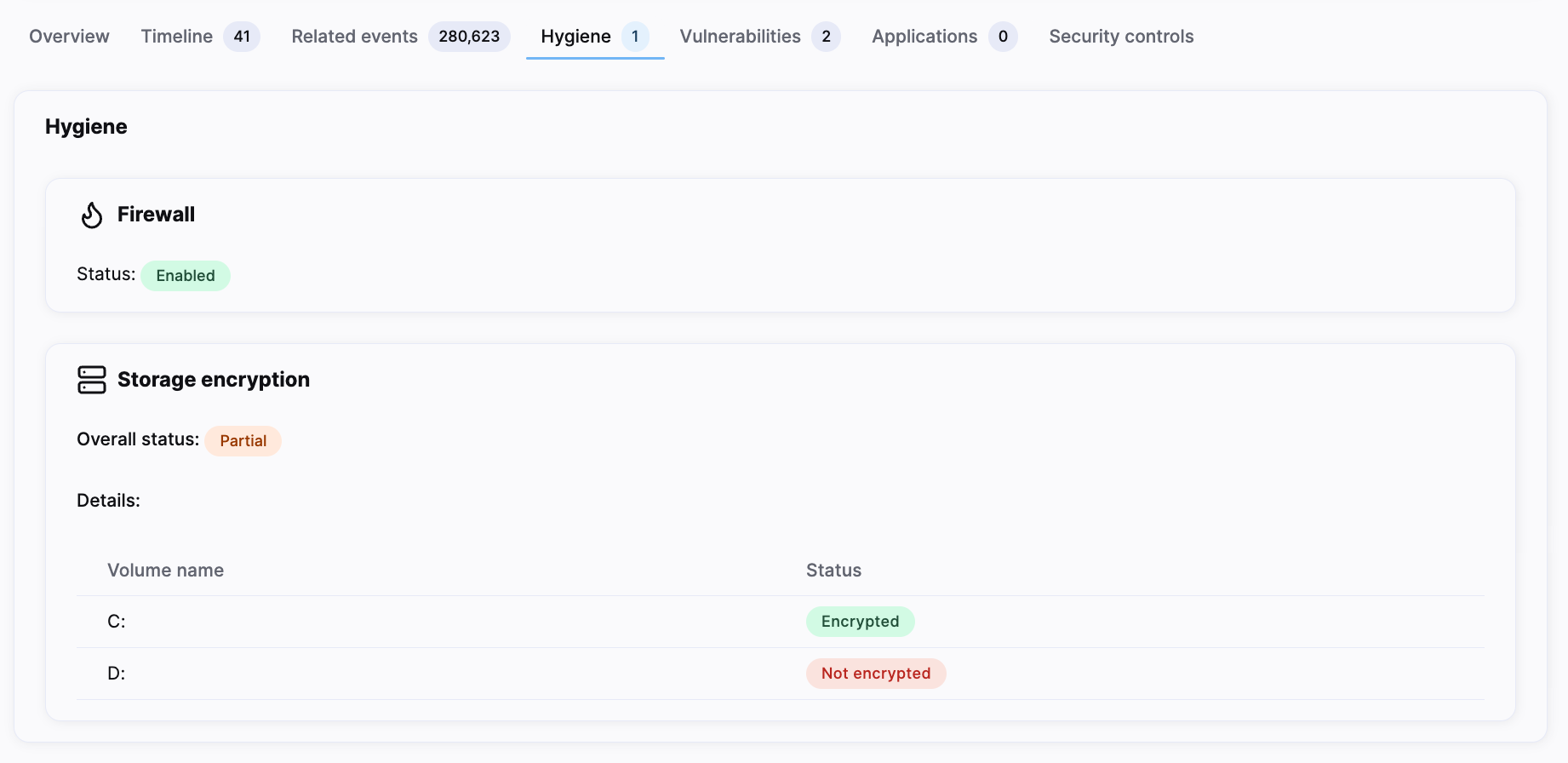 Host hygiene view showing firewall and storage encryption controls.