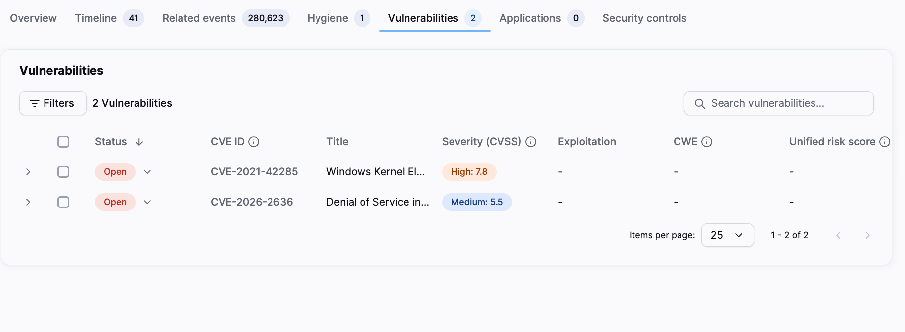 Asset vulnerabilities table with open CVE findings and severity details