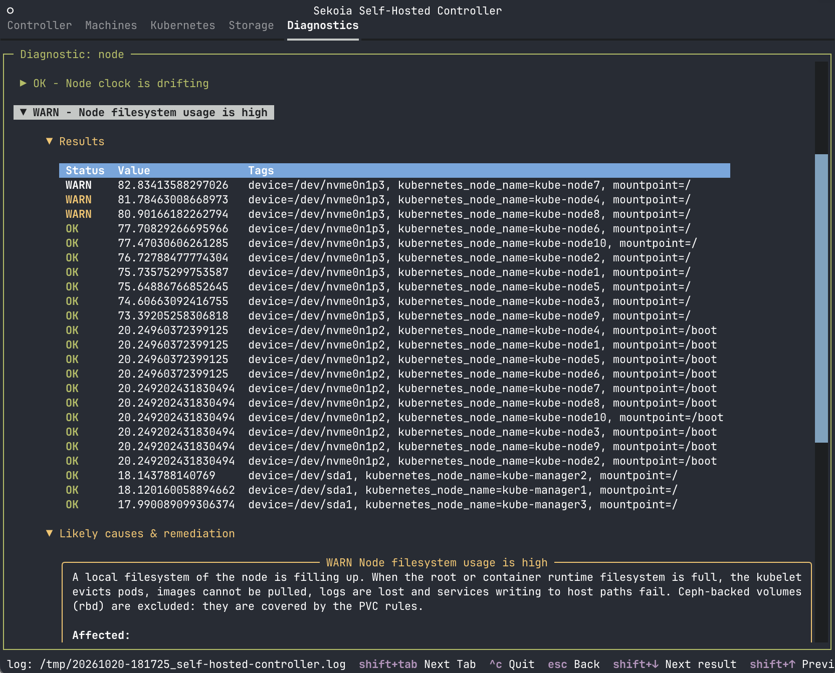 An expanded WARN panel with its results table of status, value, and tags per node, followed by the Likely causes & remediation section.