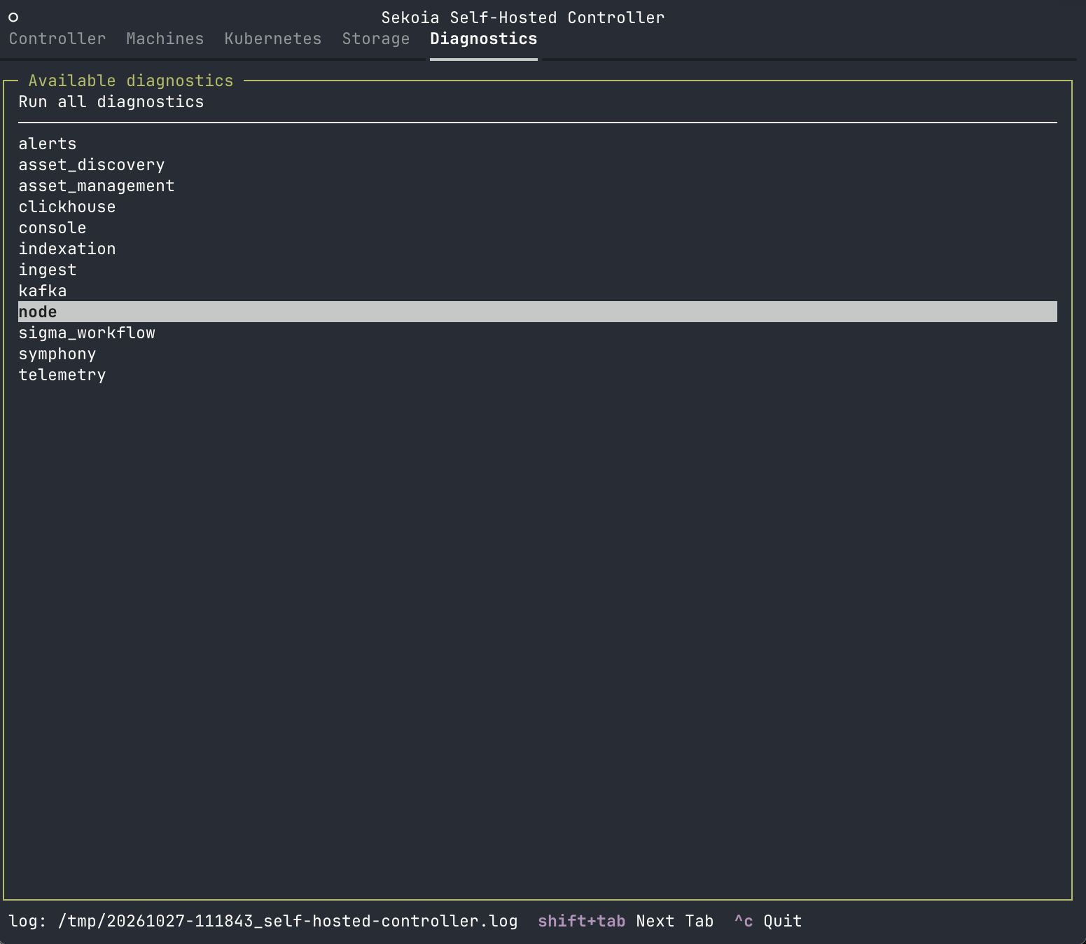 The Diagnostics tab showing the Available diagnostics list of targets, such as alerts, ingest, kafka, and node, with one target selected.