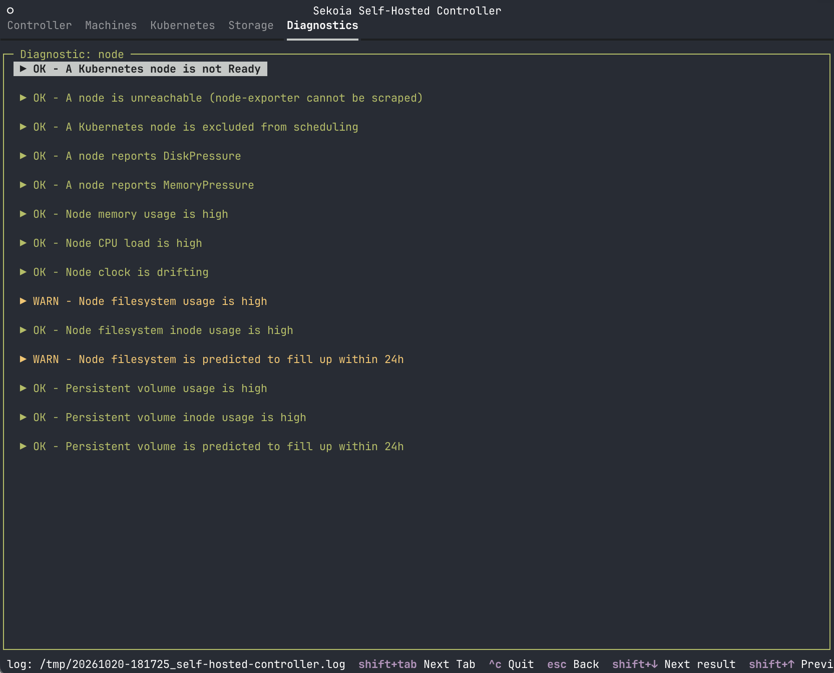 The result view of the node diagnostic, with one collapsed panel per rule showing its OK or WARN status and title.