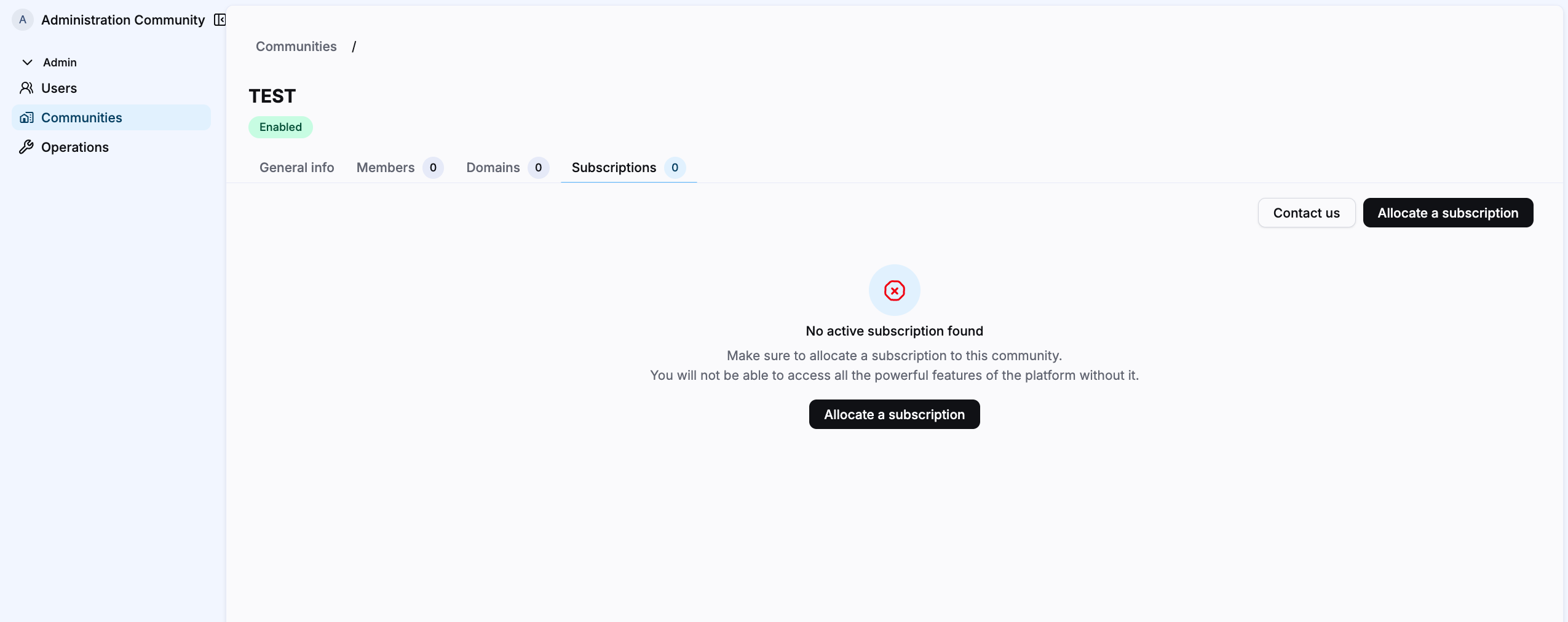 The Subscriptions tab of a new community with no active subscription, and the Allocate a subscription button.
