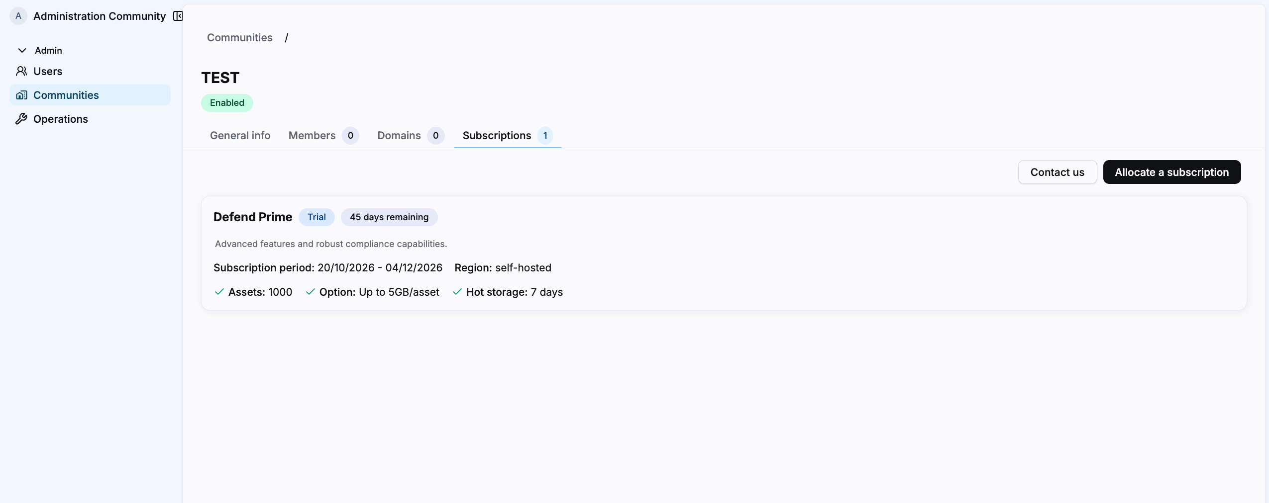 The Subscriptions tab of a community showing the imported subscription with its tier, validity period, region, asset limit, and storage options.