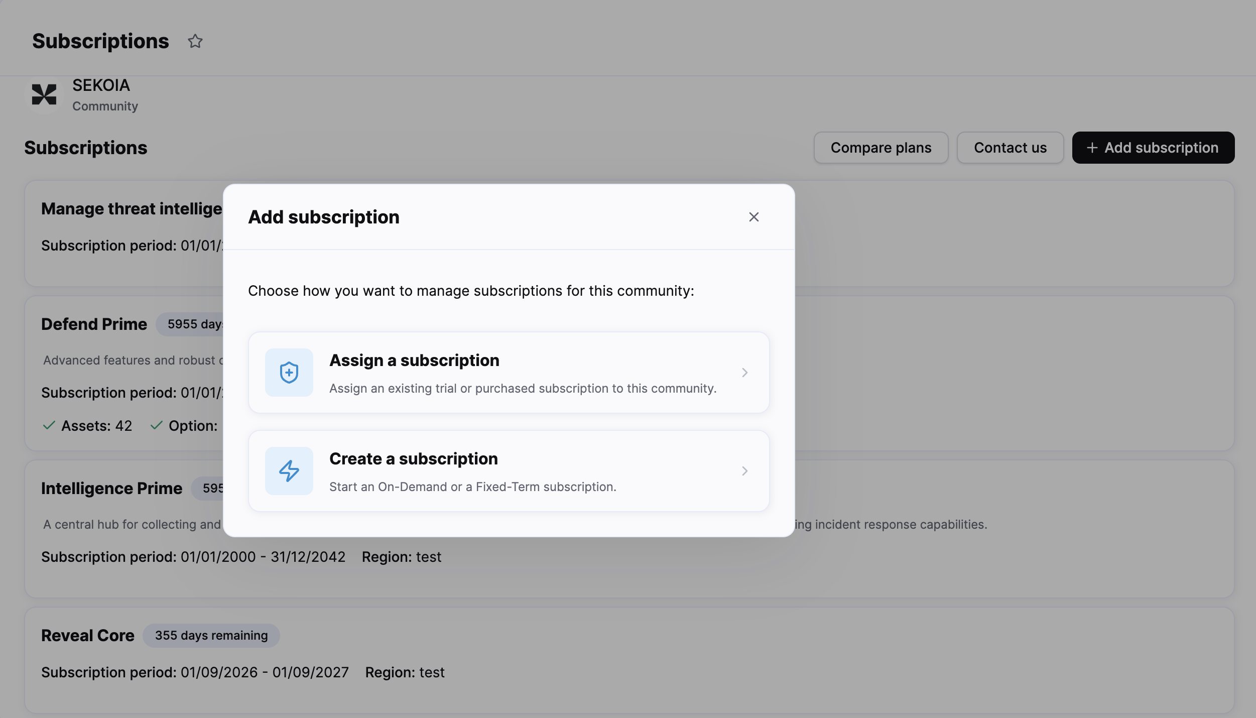 Add subscription modal with the assignment and creation options