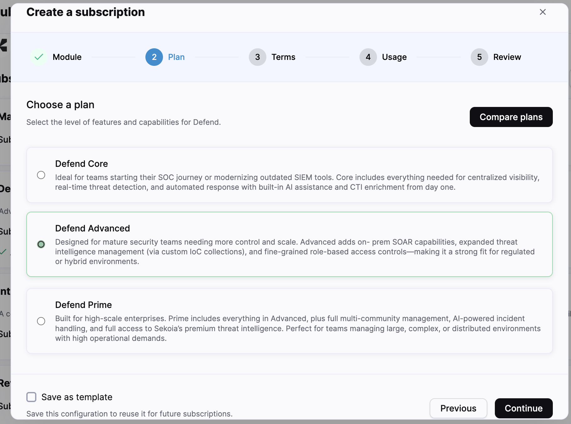 Plan step of the subscription creation wizard